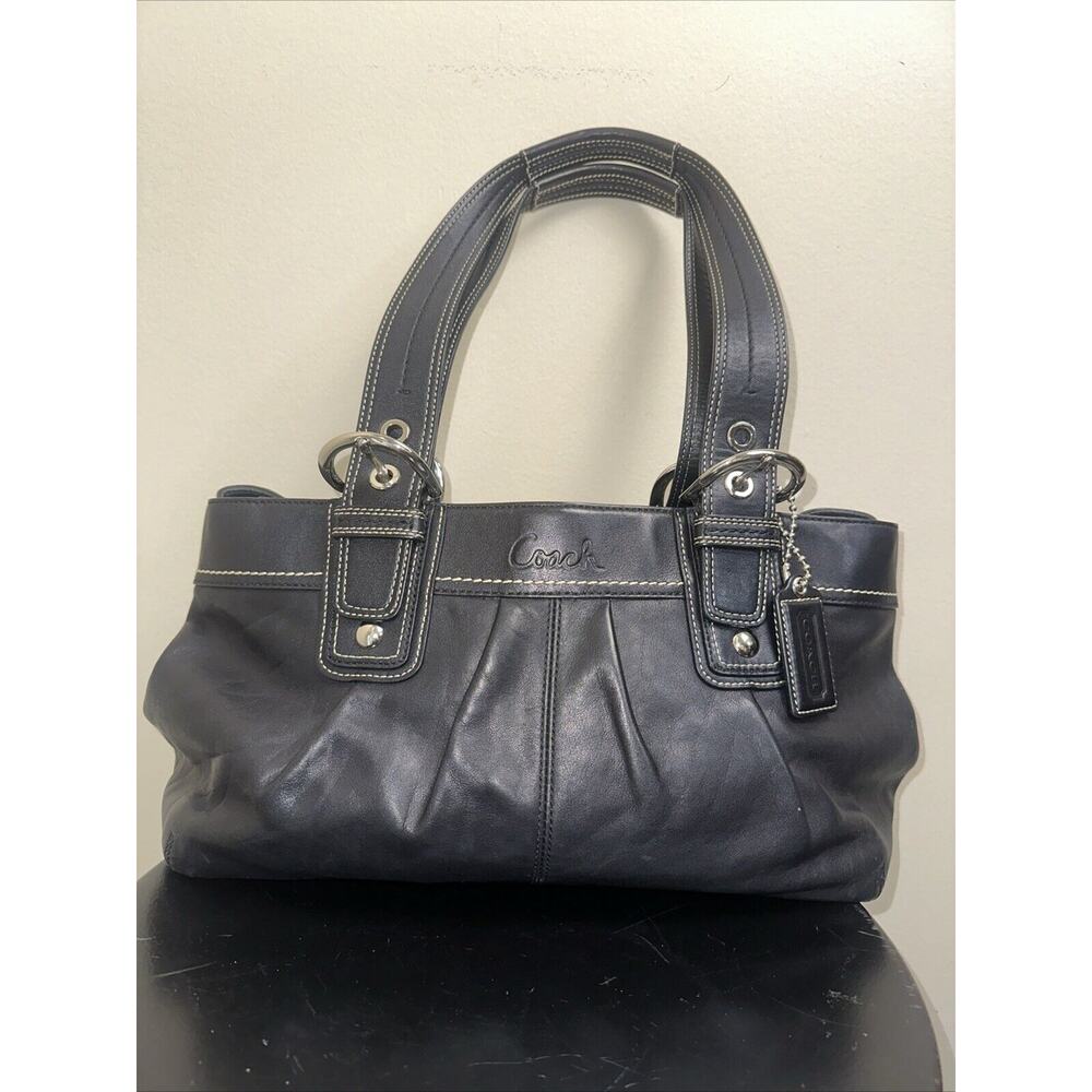 COACH Purse Soho Pleated Black Leather Tote Shoulder Bag EUC